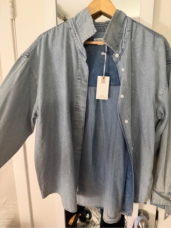 Good American Tops - Good American Light Blue Denim Shirt with Subtle Rhinestones